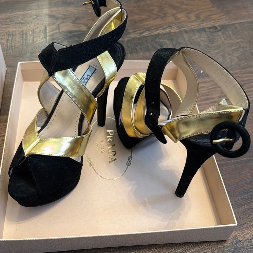 Prada Women's Black and Gold Heels